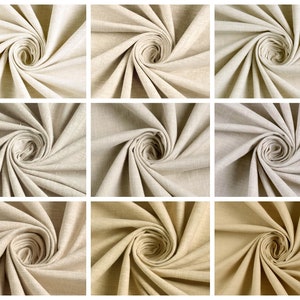 May include: Close-up of nine fabric swatches in various shades of beige and cream. The fabric is a linen blend with a subtle texture. The swatches are arranged in a spiral pattern.