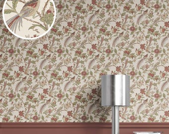 Birds/ Floral Wallpaper by Meter. Removable Peel 'n Stick & Unpasted Options. Extra Wide. Patterned, Non-Woven. Red/ Brown/ Green (Sawadika)