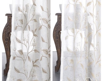 White Sheer Curtains. Linen Texture. Floral Embroidery Light-Filtering Custom Window Drapes for Living, Kitchen, Bedroom, Bathroom, Nursery.