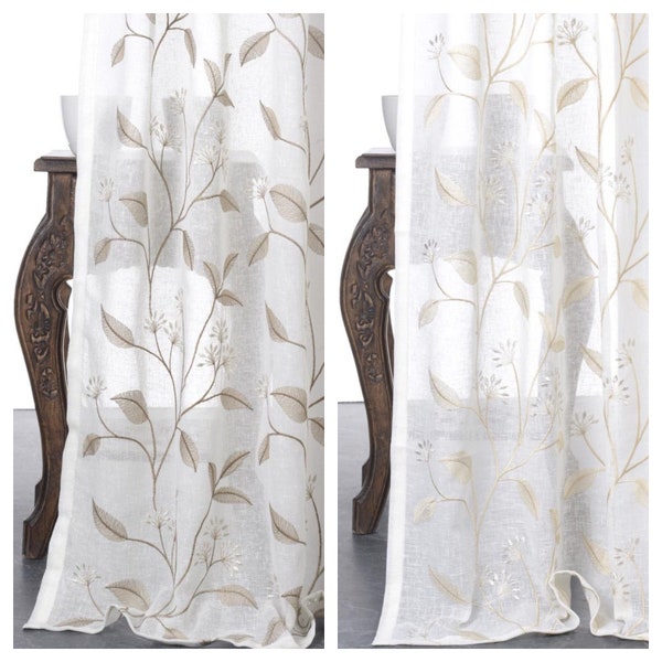 White Sheer Curtains. Linen Texture. Floral Embroidery Light-Filtering Custom Window Drapes for Living, Kitchen, Bedroom, Bathroom, Nursery.