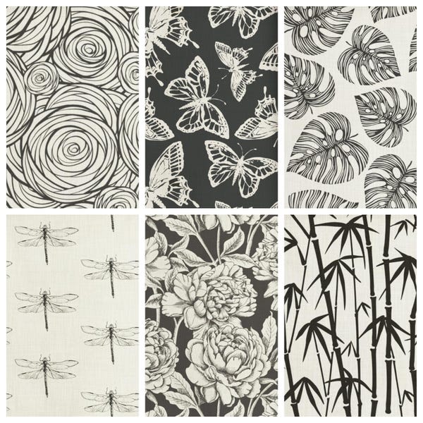 8 Options. Black & White Curtains. Modern Floral Patterns. Custom Pinch Pleat Window Drapes for Living Room, Bedroom, Kitchen, Bathroom.