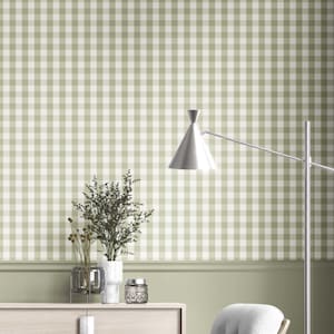 Pode incluir: Um quarto com papel de parede xadrez vichy verde sálvia e branco. Uma moderna lâmpada prateada estende-se da direita. Um armário branco contém vasos com plantas e um frasco decorativo. A parede inferior é pintada de verde sálvia sólido.