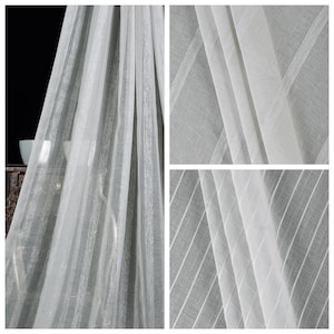 Grey Striped Sheer Curtains. Custom Size Window Drapes. Light-Filtering Drapery for Living, Bedroom, Dining, Kitchen, Bathroom, Study.