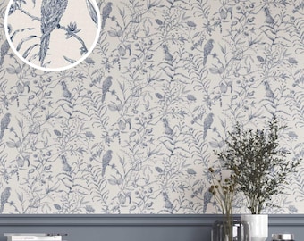 Navy Blue Botanical Floral Wallpaper. Extra Wide Roll. Removable Peel 'n Stick & Unpasted Options. Patterned, Non-Woven (Midnight Punk)