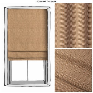 May include: A window with a brown roman shade featuring a herringbone pattern. The shade is raised, revealing the window pane. The text "SONG OF THE LARK" is at the top of the image.