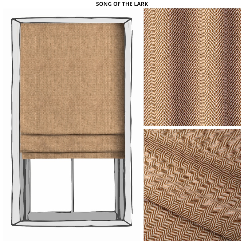 May include: A window with a brown roman shade featuring a herringbone pattern. The shade is raised, revealing the window pane. The text "SONG OF THE LARK" is at the top of the image.