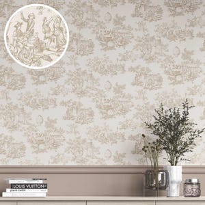May include: Beige toile wallpaper featuring a repeating pattern of pastoral scenes with figures, trees, and architectural elements. The design is in a muted beige color on a cream background, creating a classic, elegant aesthetic. The wallpaper is suitable for interior decor.