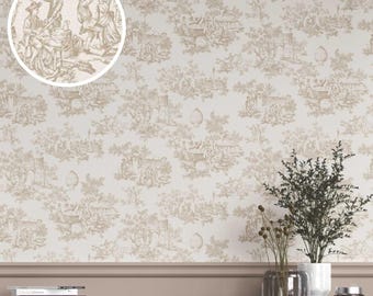 Toile de Jouy Nature Print Wallpaper. Extra Wide Roll. Neutral, Floral Patterned, Non-Woven, Unpasted Wallpaper. Beige/ Brown (Anne Cloud)