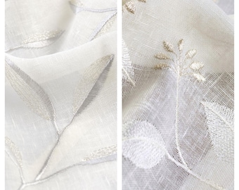 White Sheer Curtains. Linen Texture, Floral Pinch Pleat Drapery. Custom Window Drapes for Living, Kitchen, Nursery, Dining, Bath.