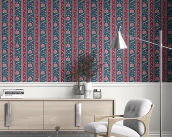 Floral Striped Wallpaper. Extra Wide. Removable Peel 'n Stick & Unpasted Options. Botanical Patterned, Non-Woven. Teal Blue/ Pink (Buseno)