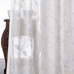 White Sheer Fabric by the Yard. Linen Texture Home Textiles. Floral Embroidery Multipurpose Material for Home Decor & Window Treatments. Pale Chiffon