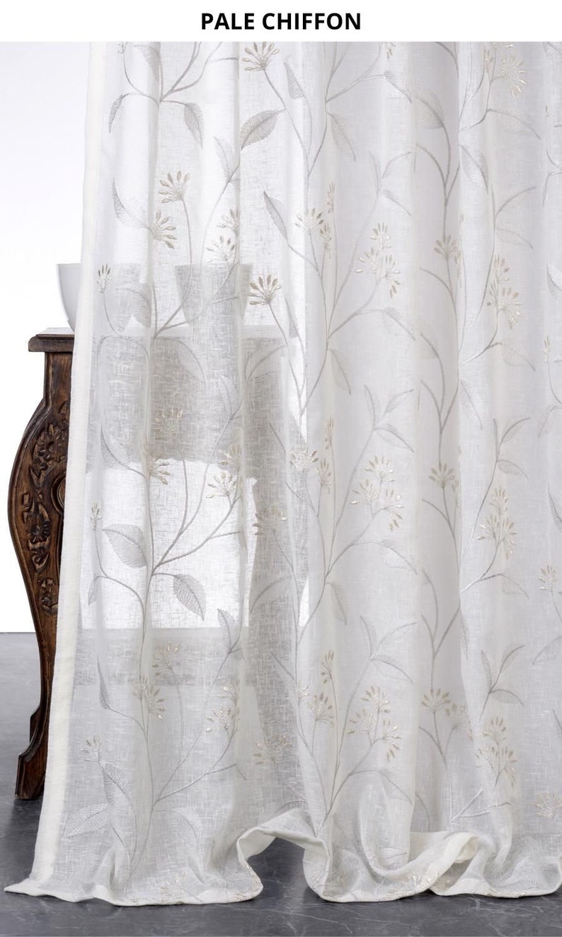 White Sheer Fabric by the Yard. Linen Texture Home Textiles. Floral Embroidery Multipurpose Material for Home Decor & Window Treatments. Pale Chiffon