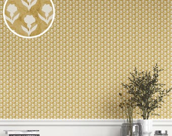 Small Floral Blockprint Wallpaper by Meter. Extra Wide. Removable Peel 'n Stick & Unpasted Options. Floral Patterned. Yellow/ White (Baden)