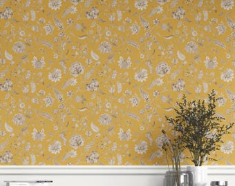 Floral Wallpaper by Meter. Extra Wide. Removable Peel 'n Stick & Unpasted Options. Botanical Patterned, Non-Woven. Yellow/ Beige (Sprizzle)