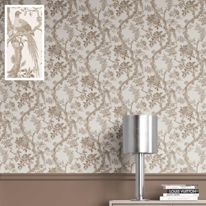 Chinoiserie Bird Print Wallpaper. Extra Wide Roll. Floral Patterned, Neutral, Non-Woven, Unpasted Wallpaper. Beige/ Brown (Rosalind Manor)