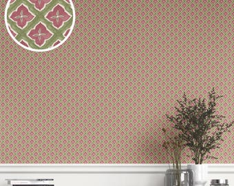 Small Floral Lattice Wallpaper by Meter. Removable Peel 'n Stick & Unpasted Options. Extra Wide. Patterned, Non-Woven. Pink/ Green (Horgen)