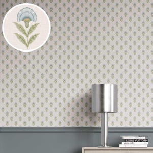 Floral Block Print Wallpaper by Meter. Extra Wide. High Grade/ Unpasted for Bedroom, Kitchen, Nursery, Living. Blue/ Green (Tinker Tailor)