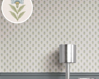 Floral Block Print Wallpaper by Meter. Extra Wide. High Grade/ Unpasted for Bedroom, Kitchen, Nursery, Living. Blue/ Green (Tinker Tailor)