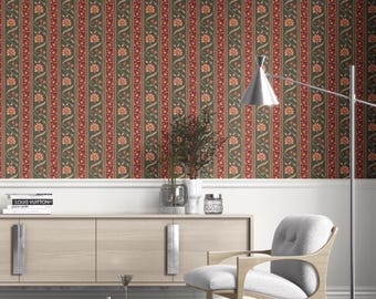 Floral Striped Wallpaper. Extra Wide. Removable Peel 'n Stick & Unpasted Options. Botanical Patterned, Non-Woven. Olive Green/ Red (Nuoro)