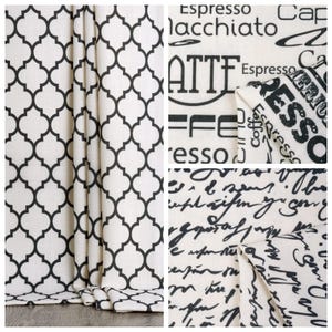 3 Option Patterned Roman Shades. Modern Cursive Prints. Custom Size Window Blinds for Kitchen, Breakfast Nook, Dining.