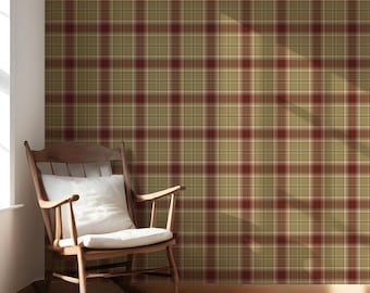 Checkered Plaid Wallpaper. Extra Wide Roll. Removable Peel 'n Stick & Unpasted Options. Geometric Patterned. Olive Green/ Brown (Parisian)