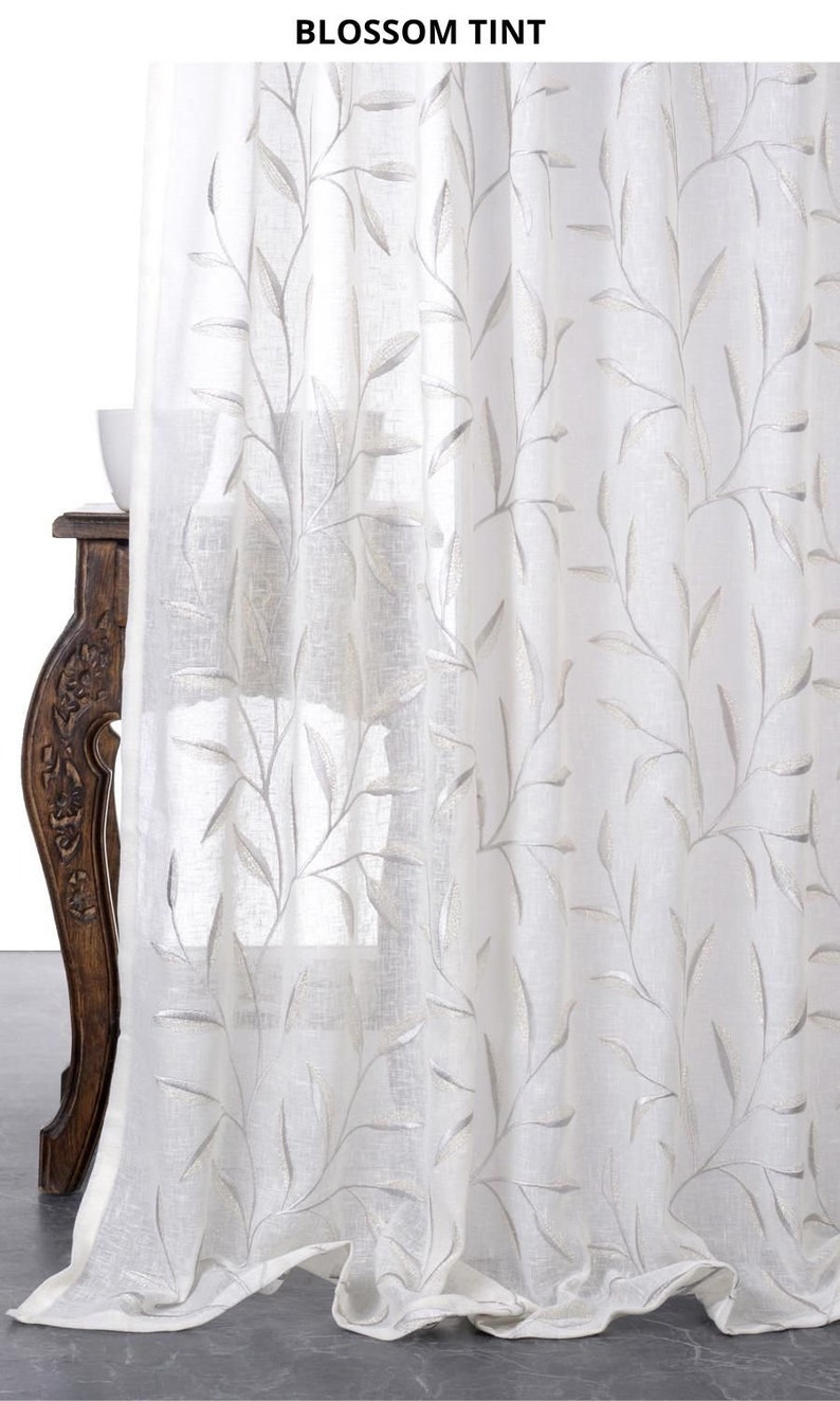 White Sheer Fabric by the Yard. Linen Texture Home Textiles. Floral Embroidery Multipurpose Material for Home Decor & Window Treatments. Blossom Tint