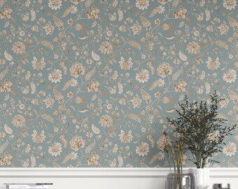 Floral Wallpaper by Meter. Extra Wide. Removable Peel 'n Stick & Unpasted Options. Botanical Patterned, Non-Woven. Blue-Gray/Beige (Palooza)