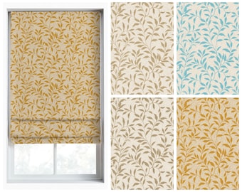May include: Four different patterned fabric samples with a leafy design. The patterns are in shades of blue, yellow, brown, and beige.