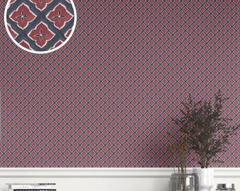 Small Floral Lattice Wallpaper. Removable Peel 'n Stick & Unpasted Options. Extra Wide. Geometric Print, Non-Woven. Navy Blue/Red (Bicester)