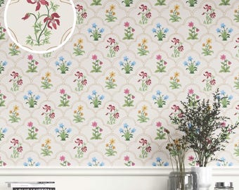 Floral Blockprint Wallpaper. Removable Peel 'n Stick & Unpasted Options. Extra Wide Roll. Pattern, Non-Woven. White/ Pink/ Green/ Red (Olea)