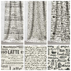 May include: Six different fabric swatches with black and white patterns. The patterns include words like "latte", "espresso", "cappuccino", "coffee", "pasta", "zucchini", "broccoli", "thyme", "natural", "bacon", "salt", "pepper", and "butter".