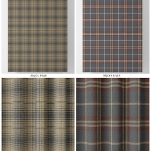 May include: Two fabric swatches with plaid patterns. The top left swatch is a light brown and dark blue plaid pattern labeled "Anjou Pear". The top right swatch is a dark blue, light brown, and red plaid pattern labeled "Rocky River". The bottom left swatch is a close-up of the "Anjou Pear" fabric. The bottom right swatch is a close-up of the "Rocky River" fabric.