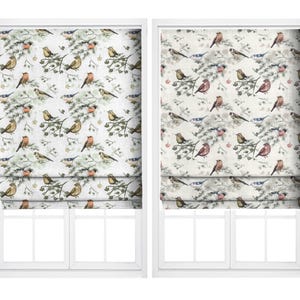 Bird Print/ Nature Floral Roman Shades & Fabric Window Blinds. Custom Size - Long, Short, Wide. Relaxed or Flat (White/ Yellow/ Orange/ Red)