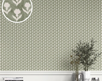 Small Floral Blockprint Wallpaper by Meter.  Extra Wide. Removable Peel 'n Stick & Unpasted Options. Floral Patterned. Green/ White (Sion)