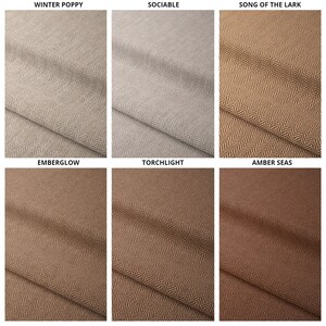 May include: Six fabric swatches in a herringbone pattern. The swatches are labeled "Winter Poppy", "Sociable", "Song of the Lark", "Emberglow", "Torchlight", and "Amber Seas".