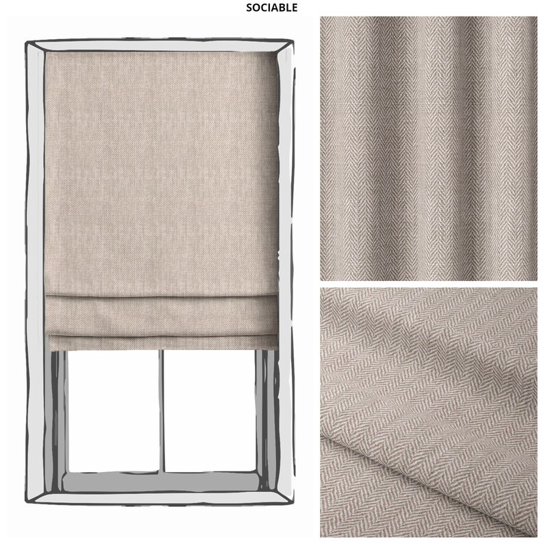 May include: A beige roman shade with a herringbone pattern. The shade is shown in a window with a white frame. The fabric is shown in two close-up images.
