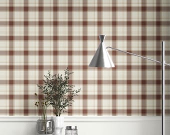 Plaid Checkered Wallpaper.  Extra Wide. Removable Peel 'n Stick & Unpasted Options. Geometric Patterned. Neutral Brown/ White (Brick Lane)