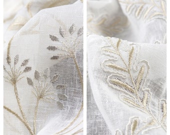 White Floral Embroidery Sheer Curtains. Custom Size Linen Texture Window Drapes for Living, Bedroom, Kitchen, Study, Nursery, Office, Bath.