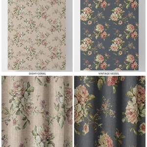 Puede incluir: Dos muestras de tela con un patrón floral. La muestra de la izquierda es de color rosa claro con un patrón floral. La muestra de la derecha es de color azul oscuro con un patrón floral. Las dos muestras inferiores muestran los mismos patrones pero con una tela texturizada.