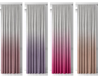 May include: Four sets of ombre-style window curtains. Each curtain set features a gradient color scheme, transitioning from a light gray at the top to shades of mauve, purple, fuchsia, and tan at the bottom. The curtains are hung on silver rods.