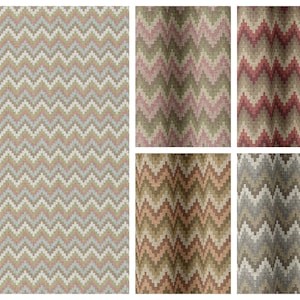 May include: Four fabric swatches with a chevron pattern in different color combinations. The swatches are in shades of pink, green, brown, and gray.