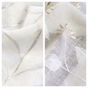White Sheer Fabric by the Yard. Linen Texture Home Textiles. Floral Embroidery Multipurpose Material for Home Decor & Window Treatments. bild 1