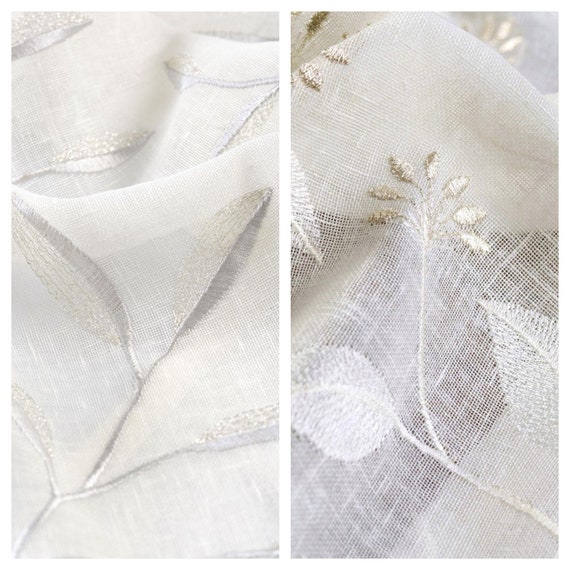 White Sheer Fabric by the Yard. Linen Texture Home Textiles. Floral Embroidery Multipurpose Material for Home Decor & Window Treatments.