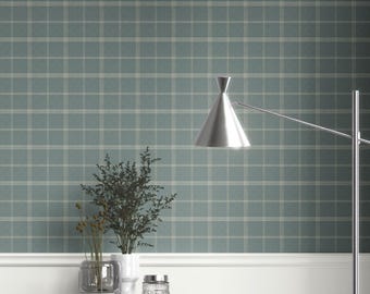 Checkered Plaid Wallpaper. Extra Wide. Removable Peel 'n Stick & Unpasted Options. Geometric Patterned. Teal Blue/ Gray (Empire City)