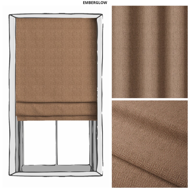 May include: A brown roman shade with a herringbone pattern. The shade is shown in a window with a white frame. The fabric is shown in two close-up images.