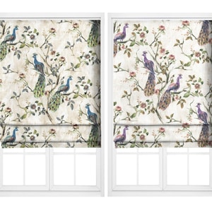 Peacocks, Birds, Floral Roman Shades. Custom Window Blinds for Bedroom, Living, Kitchen. Blackout Add-On. Cream/ Blue/ Green/ Orange/ Purple