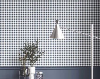 Navy Blue Gingham Wallpaper. Extra Wide. Removable Peel 'n Stick & Unpasted Options. Non-Woven, Checkered Geometric Wall Covering (Civit)