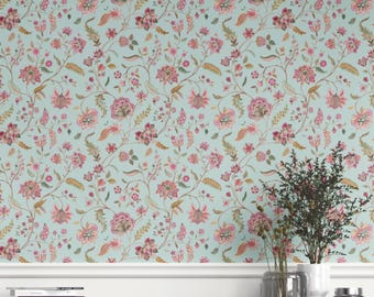 Floral Wallpaper by Meter. Extra Wide. Removable Peel 'n Stick & Unpasted Options. Botanical Patterned, Non-Woven. Blue/ Pink (Badami)