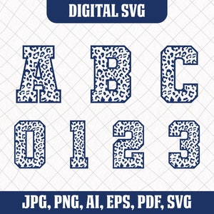 May include: A set of digital cut files featuring the letters A, B, C, 0, 1, 2, and 3 in a varsity style font with a leopard print pattern. The letters and numbers are outlined in navy blue.