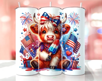 4th Of July Highland Cow Popsicle Tumbler Design, 4th Of July Tumbler Wrap, Sublimation Design, 20oz Skinny Tumbler Wrap, Digital Download